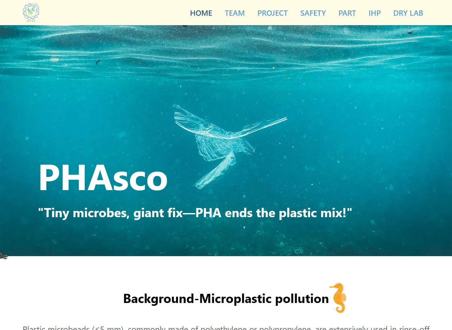The PHAsco iGEM wiki homepage with an underwater plastic bag and the title PHAsco.